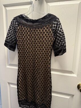 Max Studio Black Polka Dot Mesh Midi Dress with Nude Lining